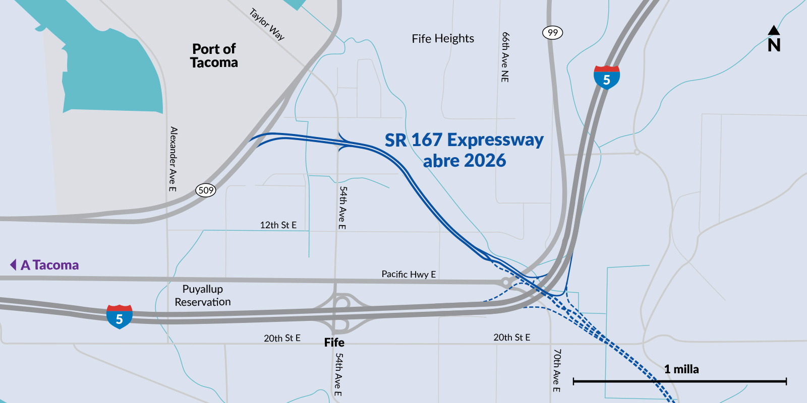 Esta sección de la SR 167 Expressway entre la SR 509 y la I-5 abre en 2026